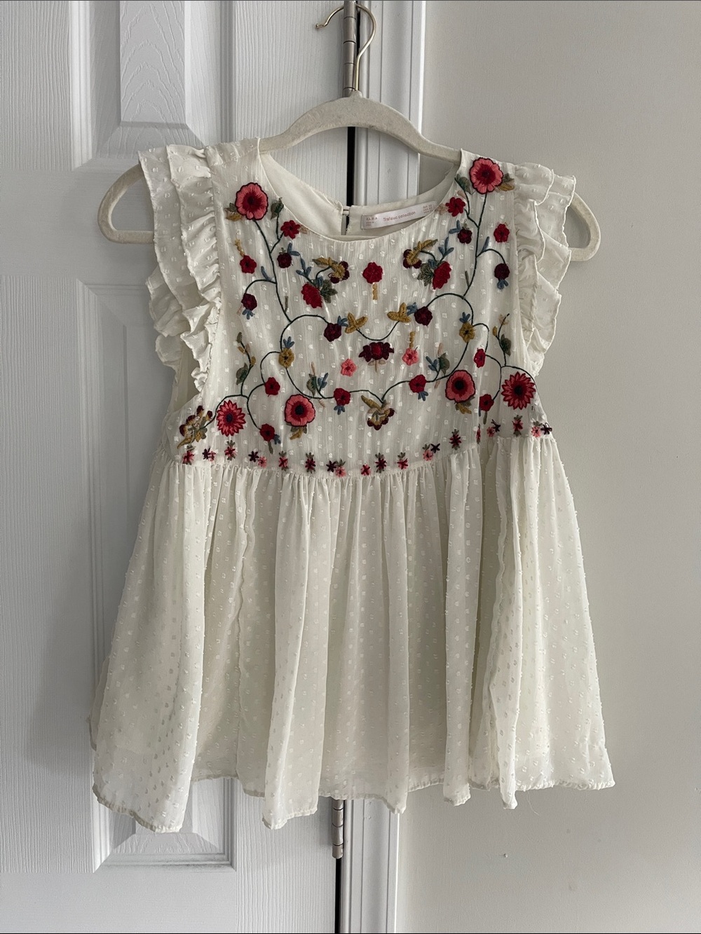 Zara White Swiss Dot Dress Top with Pink Floral Embroidery